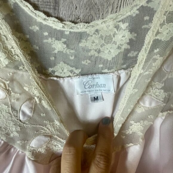 Vintage Corhan Nightgown Long Satin Sweep Pink White Chantilly Lace - Picture 3 of 3